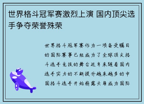世界格斗冠军赛激烈上演 国内顶尖选手争夺荣誉殊荣
